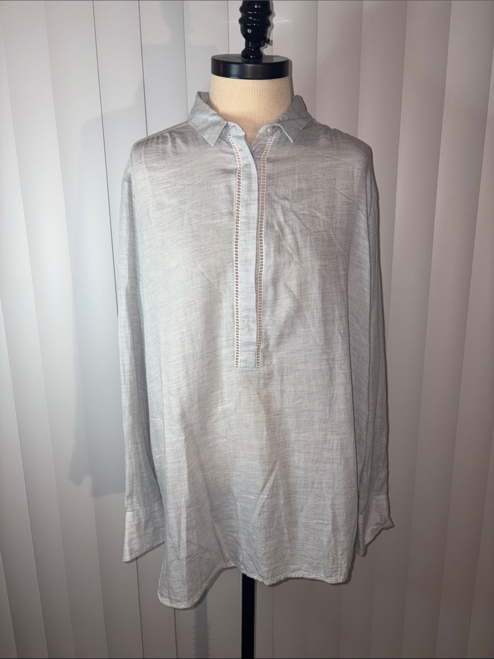 LOFT Light Gray 100% Cotton Popover Tunic Blouse Ladder Lace XL